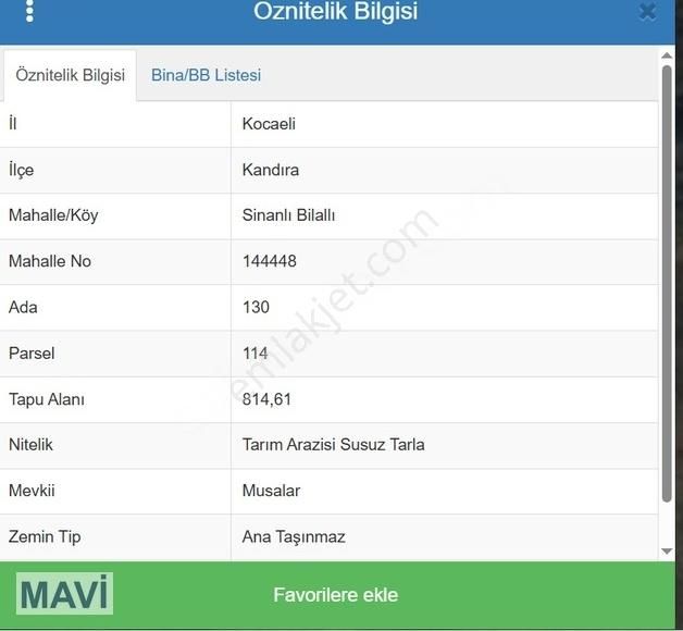 Kandıra Sinanlı Bilalli Köyünde Satılık 815m² Arazi