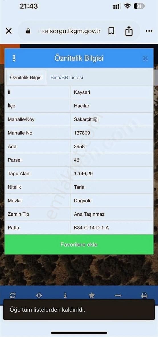 Hacılar Sakarçiftliğinde Satılık Arazi