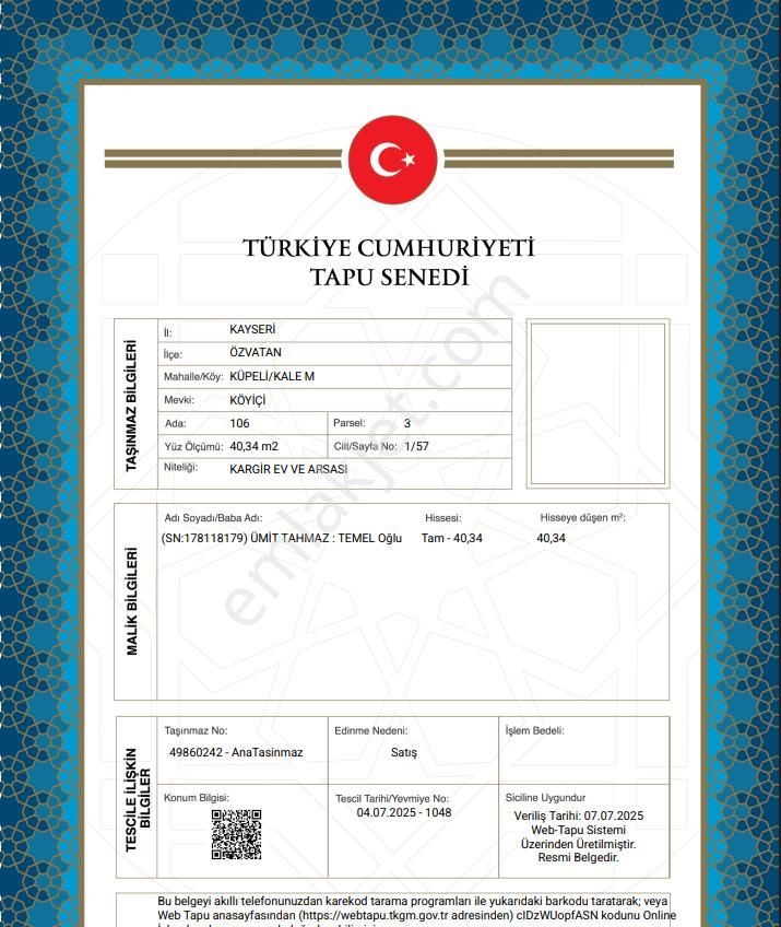 Kayseri Özvatan Müstakil Tapu Sahibi Perta Emlak Ümit Tahmaz