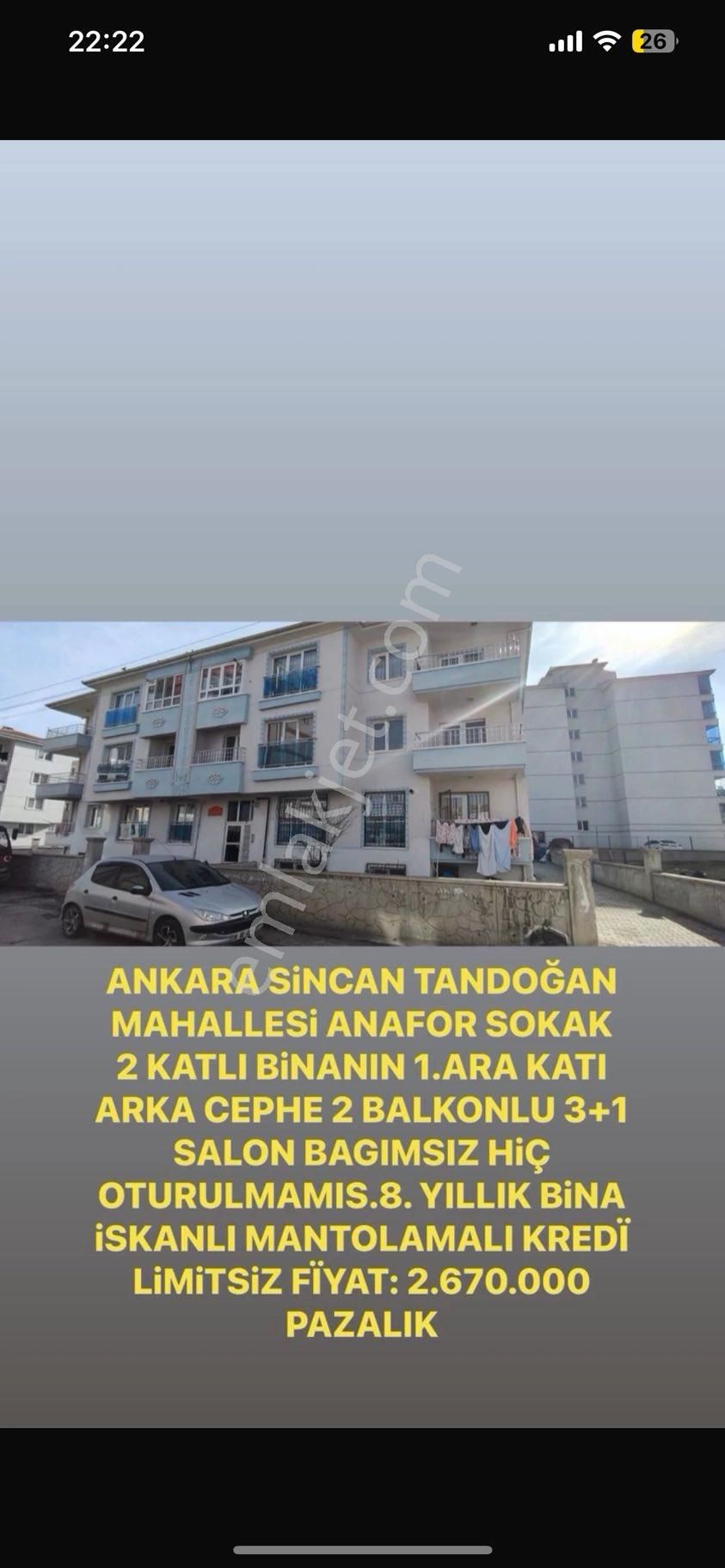 Sincan Tandoğan 3 + 1 Satılık Birinci Kat Kelepir Sekiz Yıllık Daire