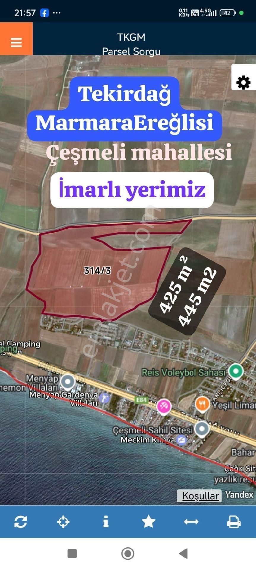 Tekirdağ Marmaraereğlisi Çeşmeli Mahallesi De 314/3 Parsel 425 M² Bide 445 M² Ler Var