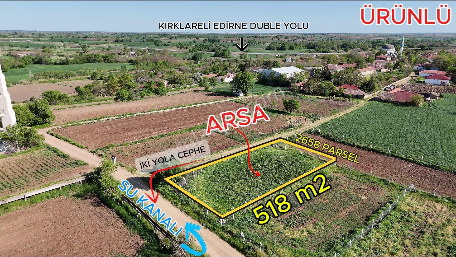 Kırklareli Ürünlü'de 2 Kat %60 İmarlı İki Yola Cephe 518 M2 Arsa