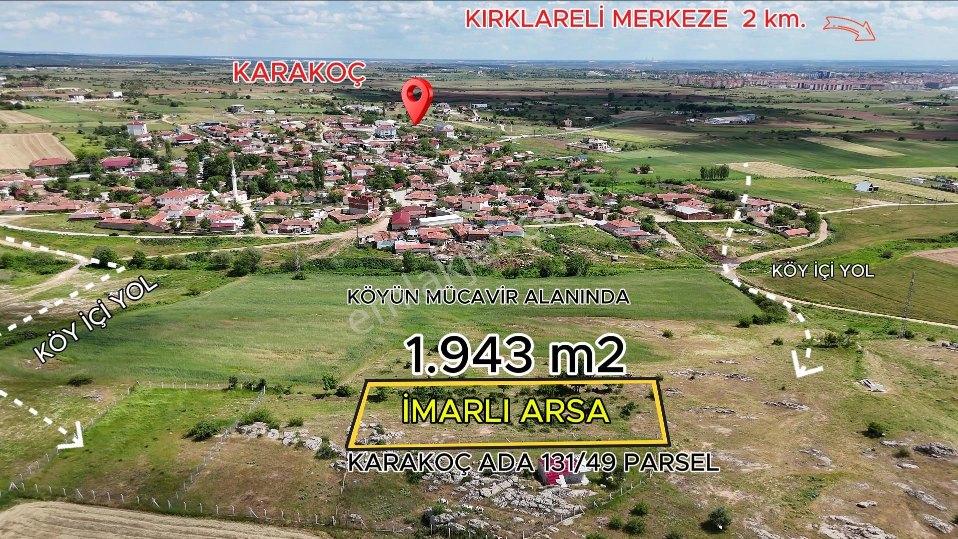 Kırklarelinin Merkezine 2 Km Karakoç Köyünde 1.943m2 İmarlı Arsa