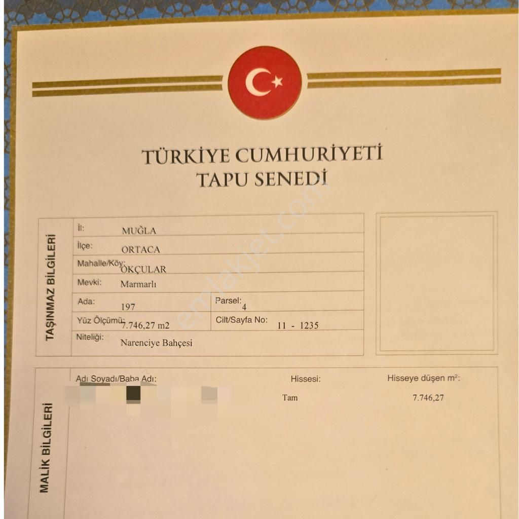 Dalyan - Marmarlı Mevkiinde 7746 Metrekare Tek Tapu Arazi