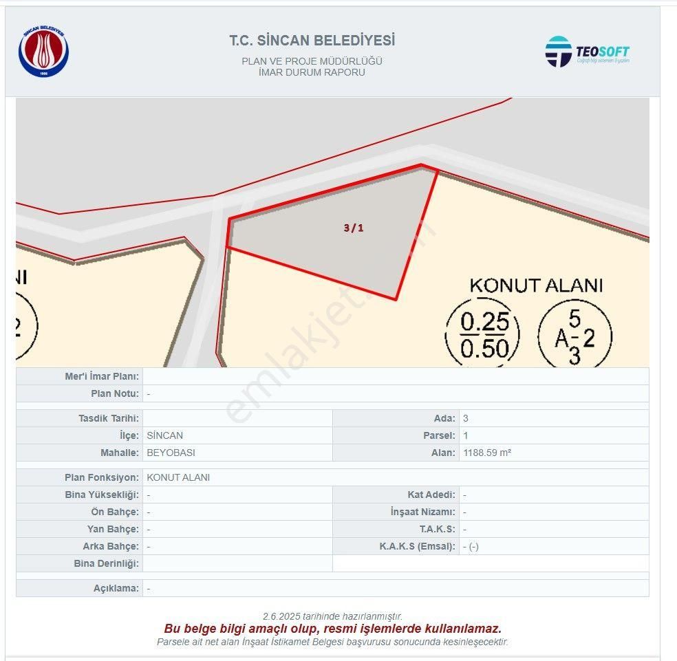 Sahibinden Sincan İlçesi Beyobası Mahallesinde Konut İmarlı Satılık Arsa