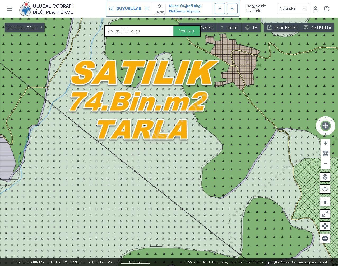 İzmir Dikili Kocaoba,da Satılık Kooperatiflere Uygun 74.bin.m2 Tarla