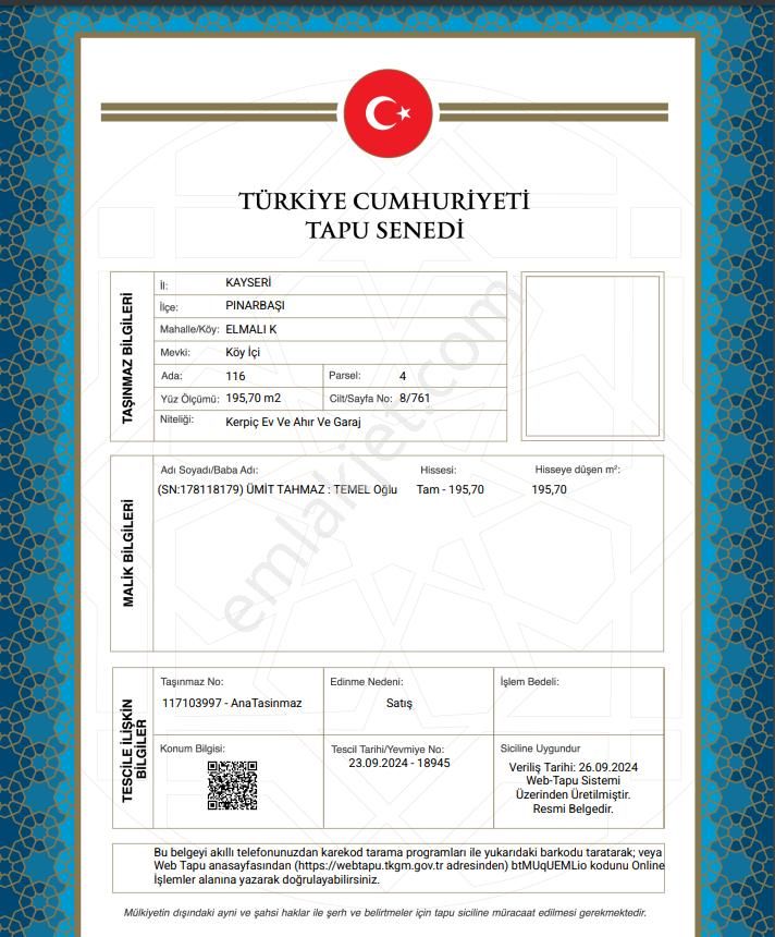 Kayseri Pınarbaşı Müstakil Ev Tapu Sahibi Perta Emlak Ümit Tahmaz