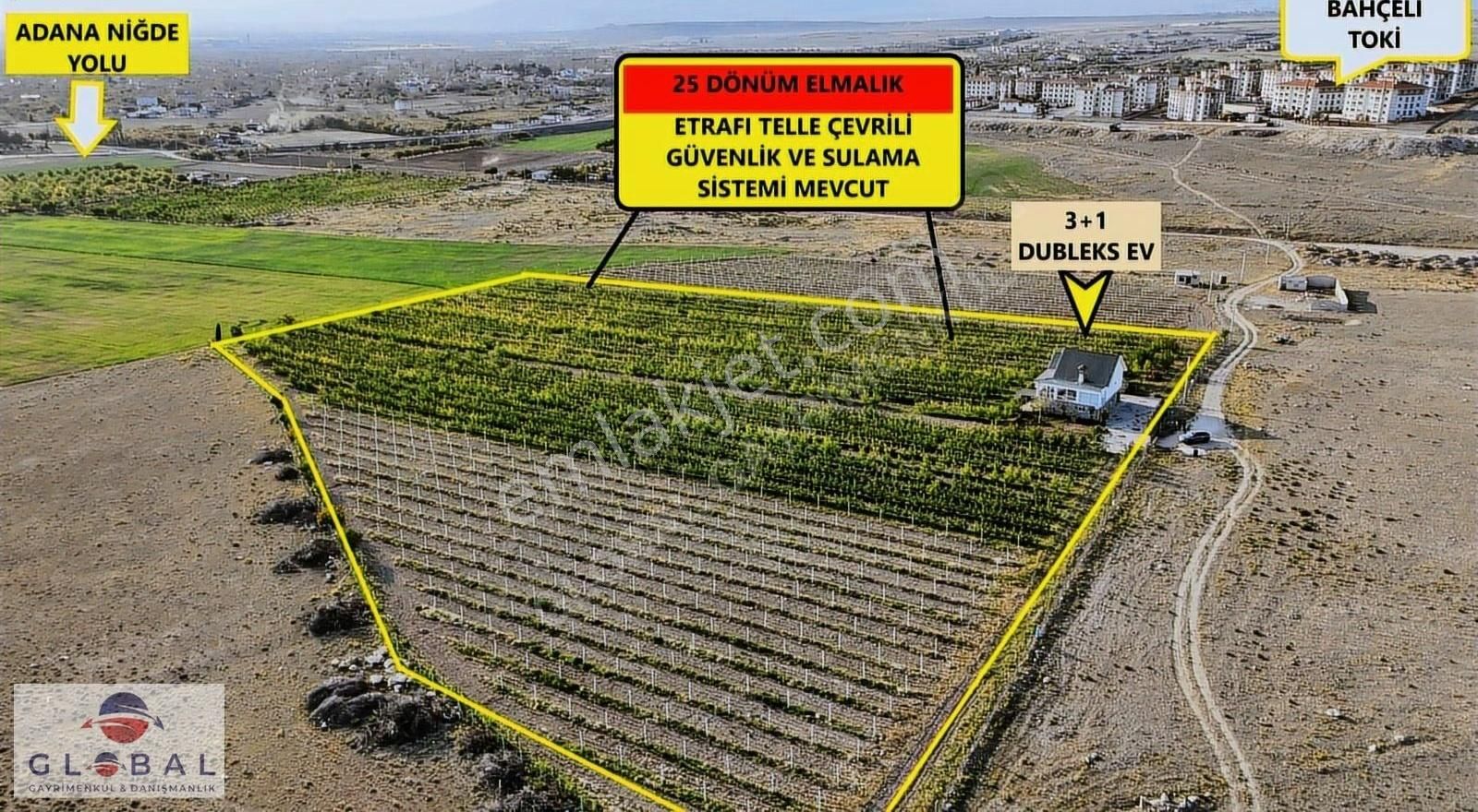 Globalden Bahçeli Toki Karşısı Satıık 25 Dönüm Elma Bahçesi