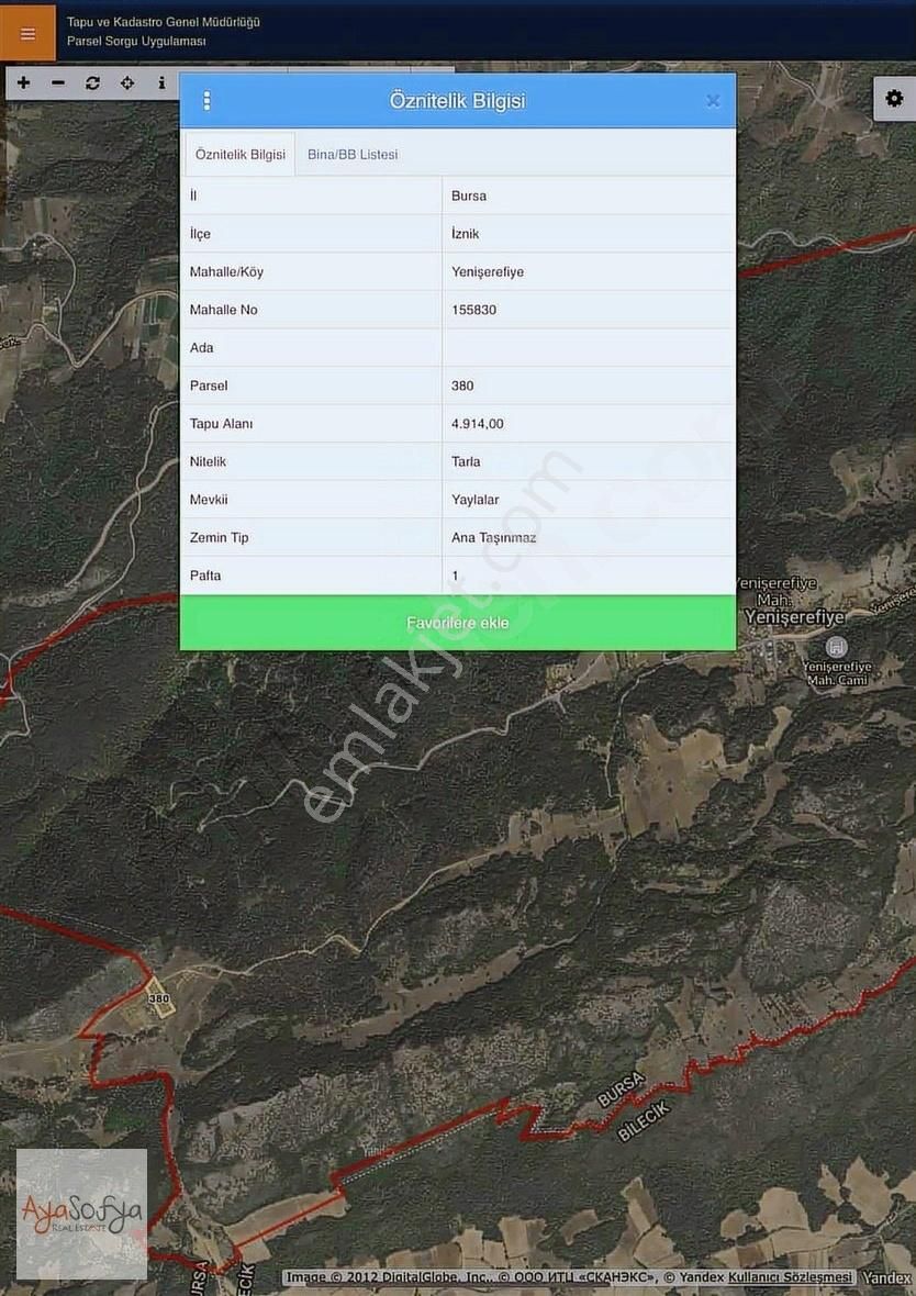 İznik Yenişerefiye De 5 Dönüm Kadastro Yola Cephe Satılık