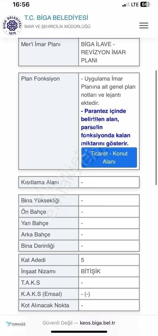 Çanakkale Biga Turan Mah. 5 Kat İmarlı Zemin Dükkan Komple Bina