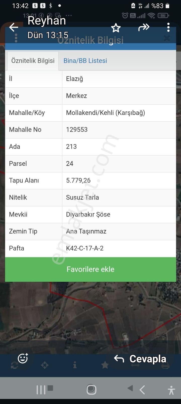 Kehli Karşıbağ Mollakendi Satılık Tarla