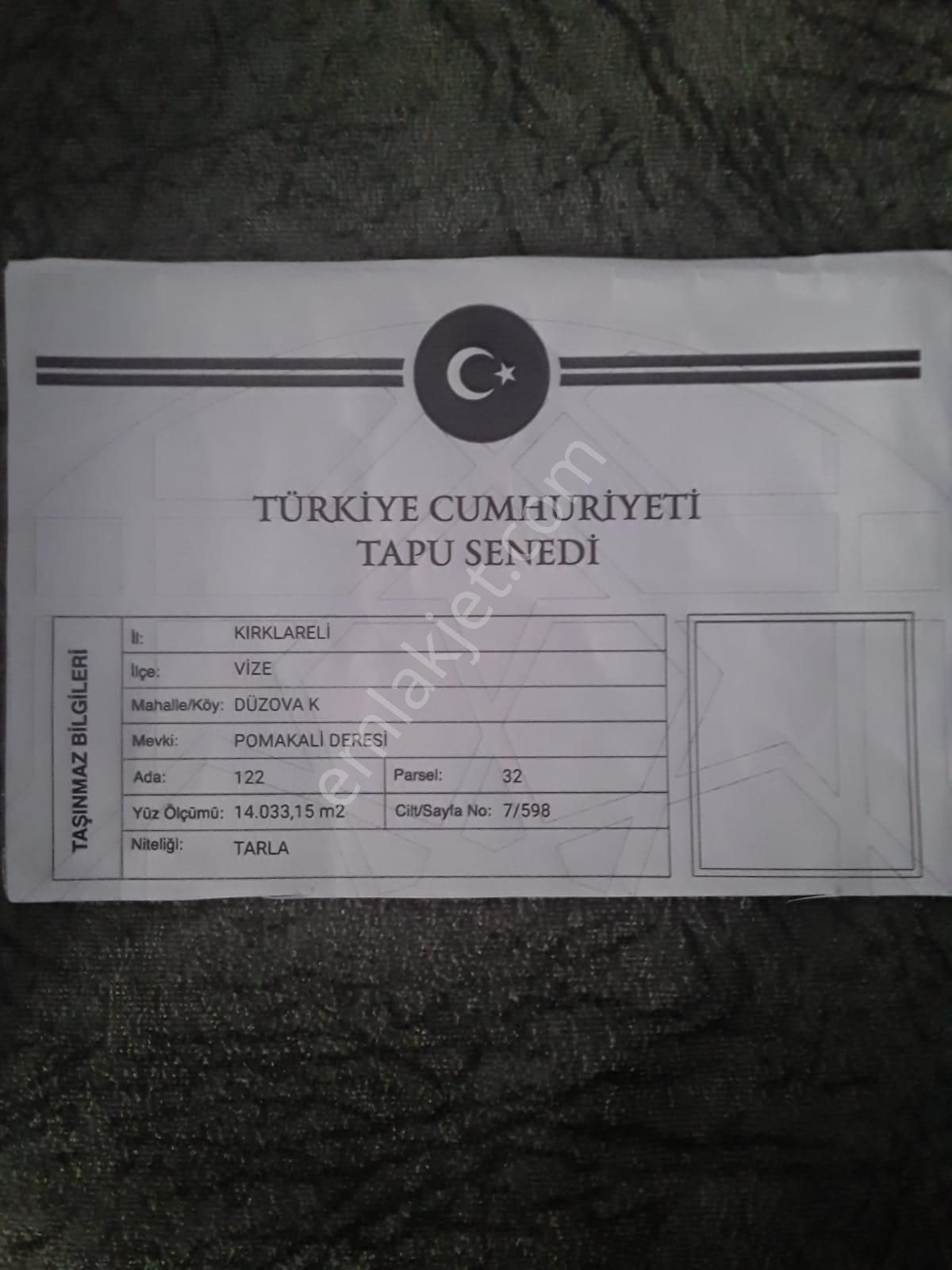 Vize Düzova Köyü Satılık Tarla (hisseli)