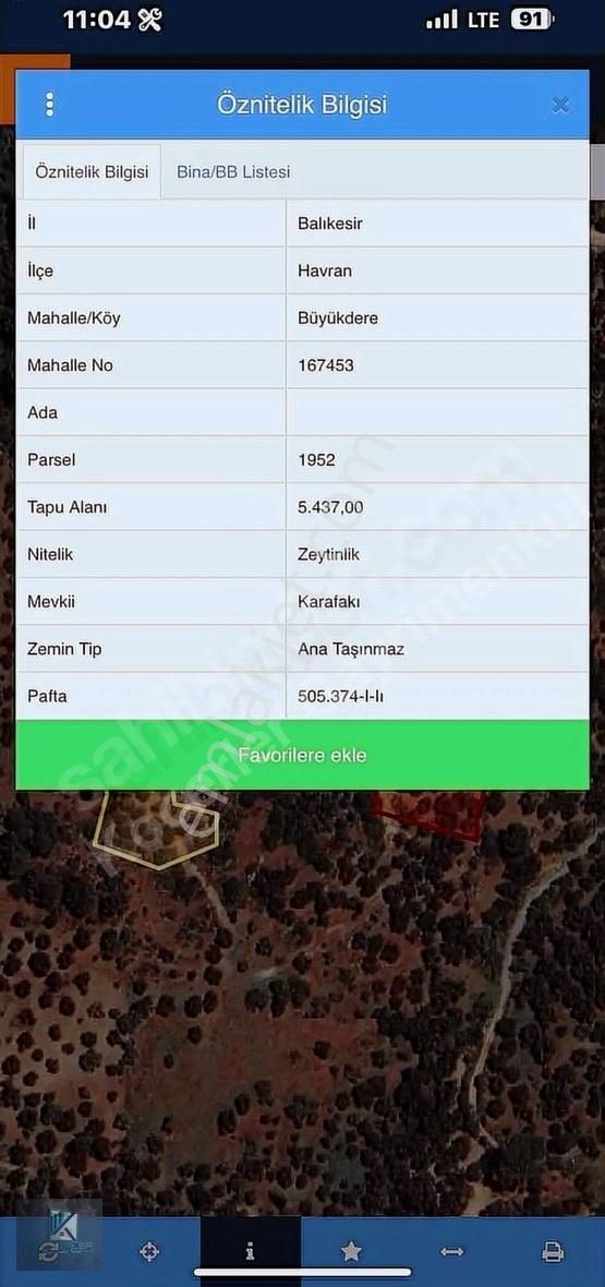 Koçerler'den Havran Büyükderede Köyünde 8878m2 Satılık Zeytinlik