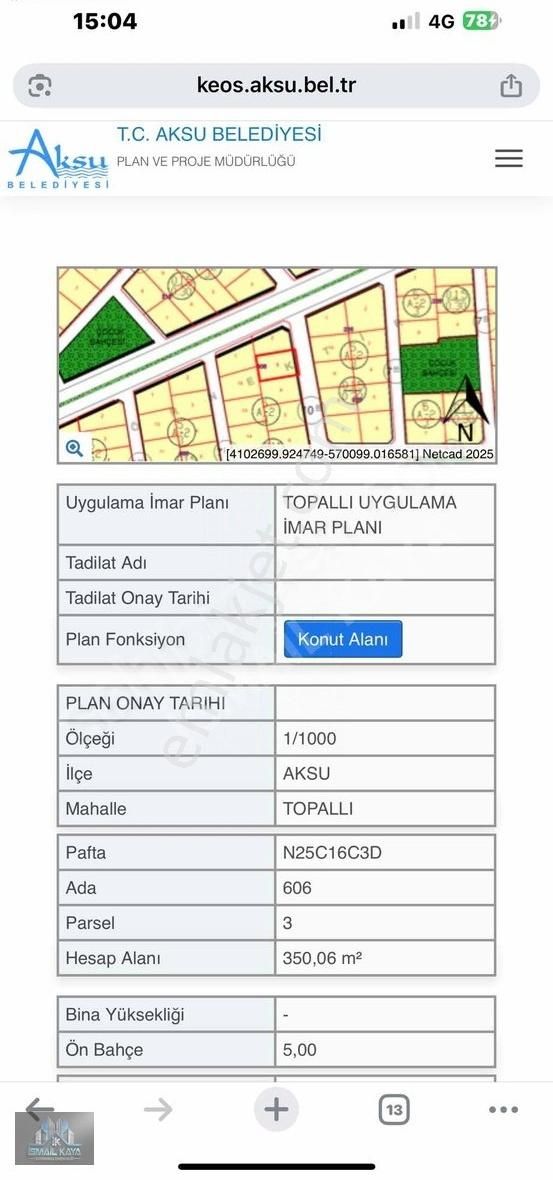 Aksu Topallı 21 Lik Yola 2 Nci Parsel 350 M2