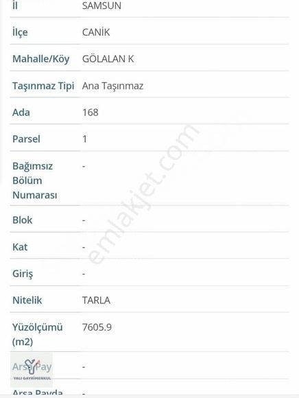 Yalı Gayrimenkul | Canik Gölalan Da Doğa Manzaralı 7605m Tarla