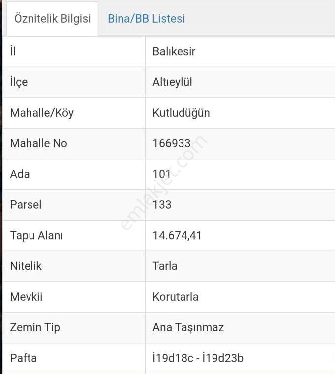 Balıkesir Altıeylül Kutludüğün Mahallesi 14.674m2 Satılık Tarla