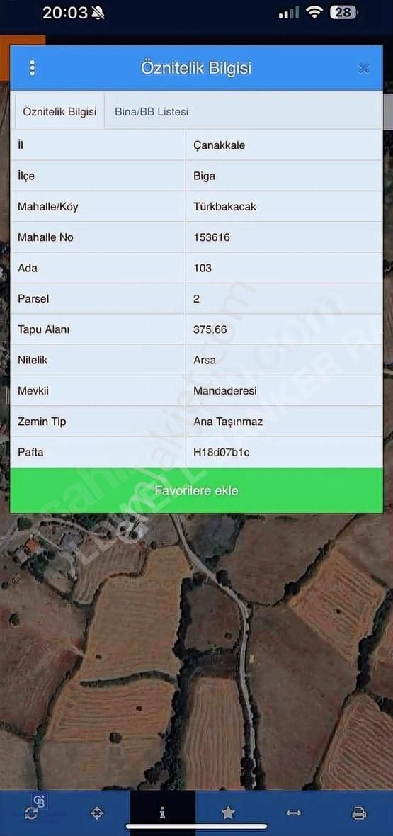 Çanakkale Biga Türkbakacak Ta 375 M2 Villa İmarlı Arsa
