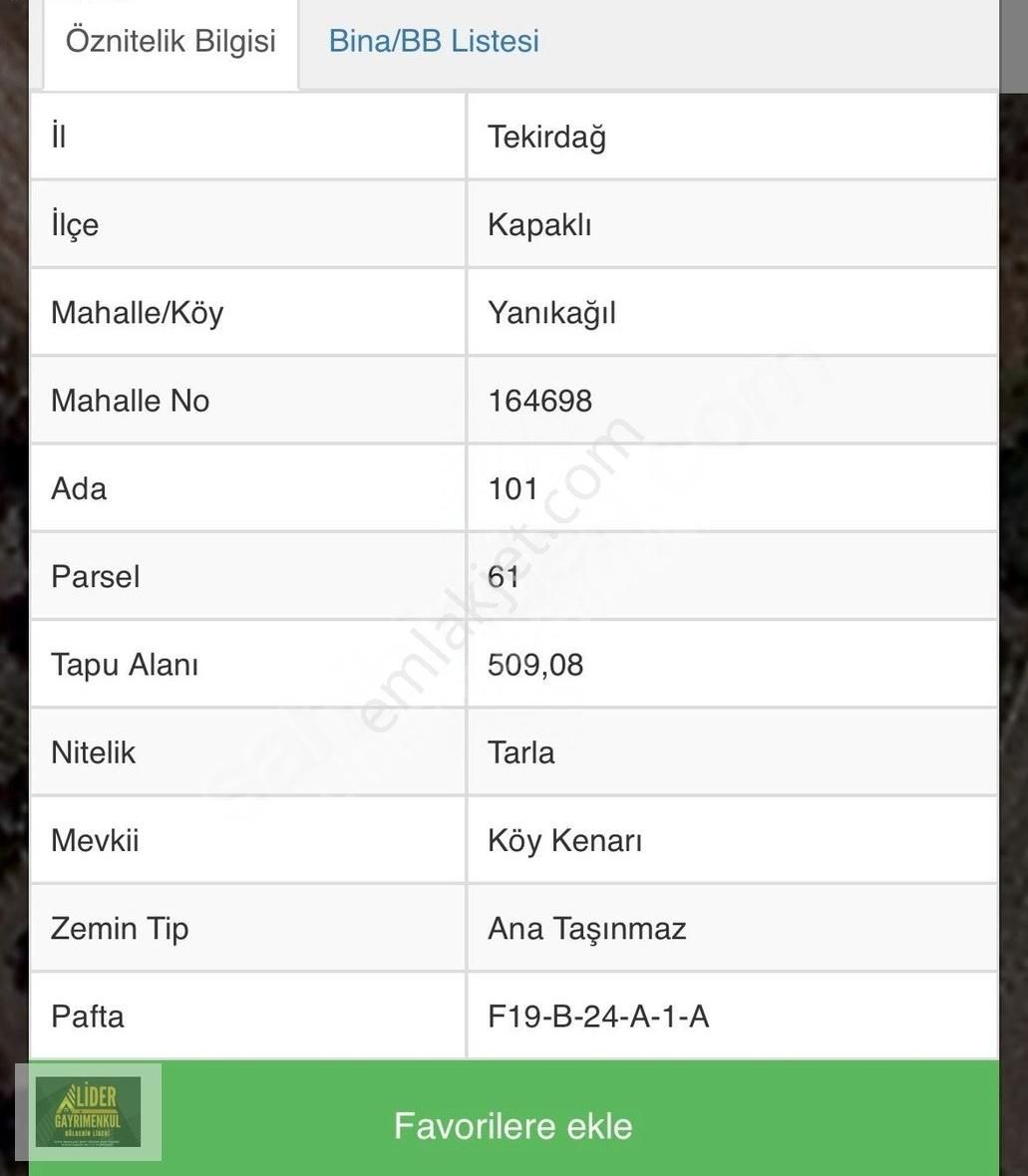Liderden Kapaklı Yanıkağıl Mah.tek Tapu509m² Yatırımlık Tarlamız