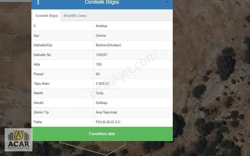 Antalya Demre Belören`de Ev Yapımına Uygun Tarla