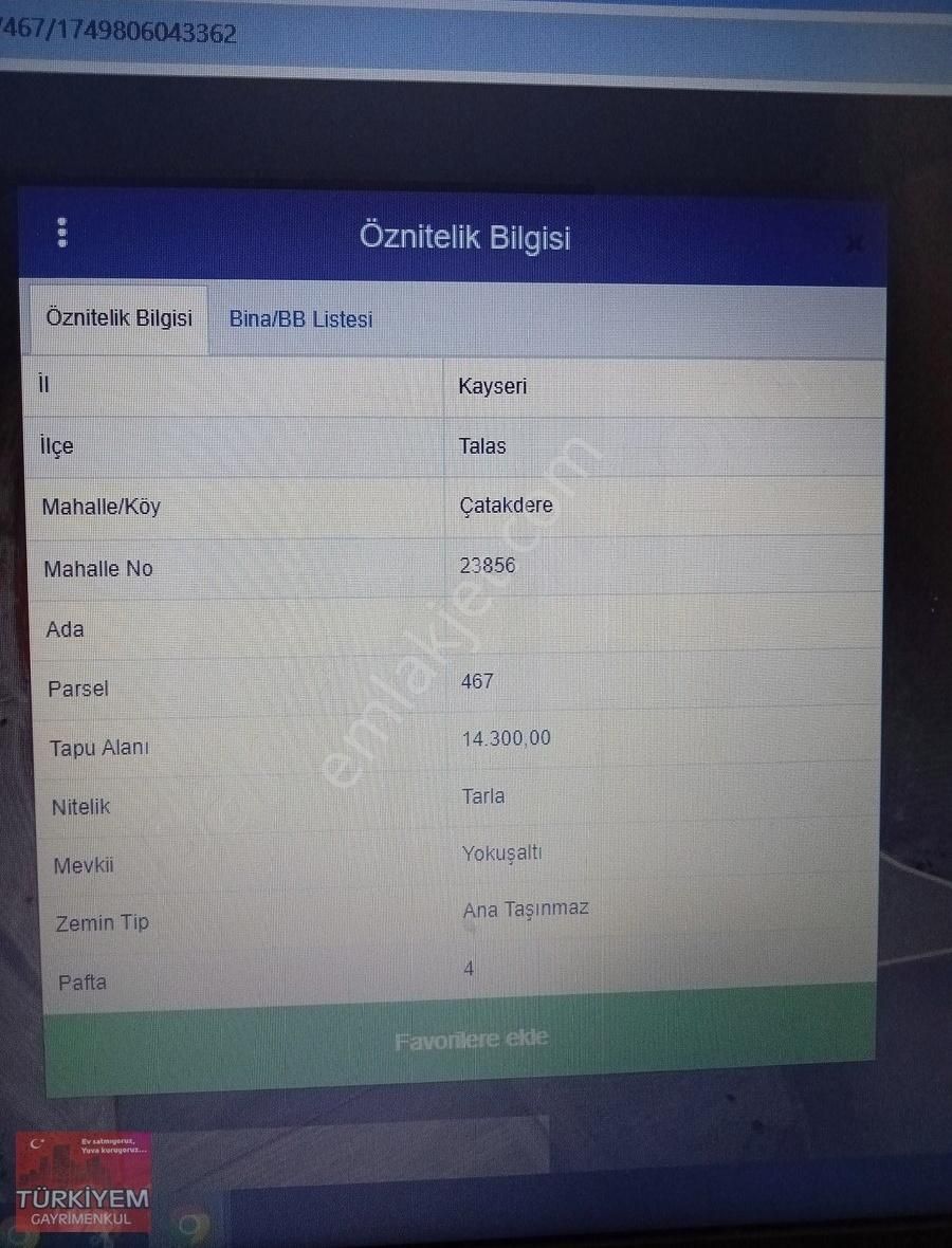 Türkiyem Gayrumenkul Den Talas Çatakderede Satılık Tarla.....
