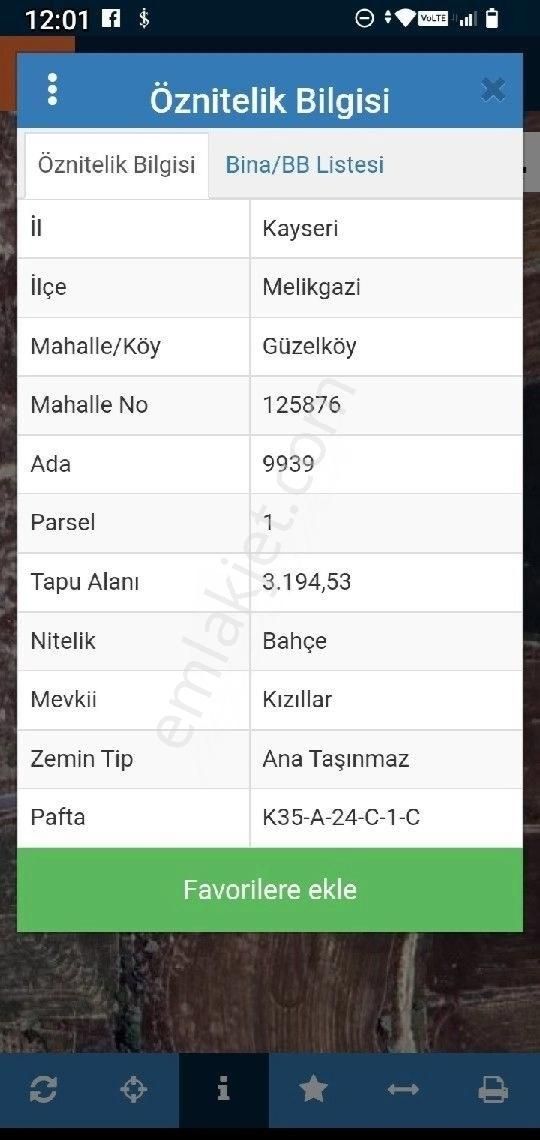 Melikgazi Güzelköyde Satılik Bahce