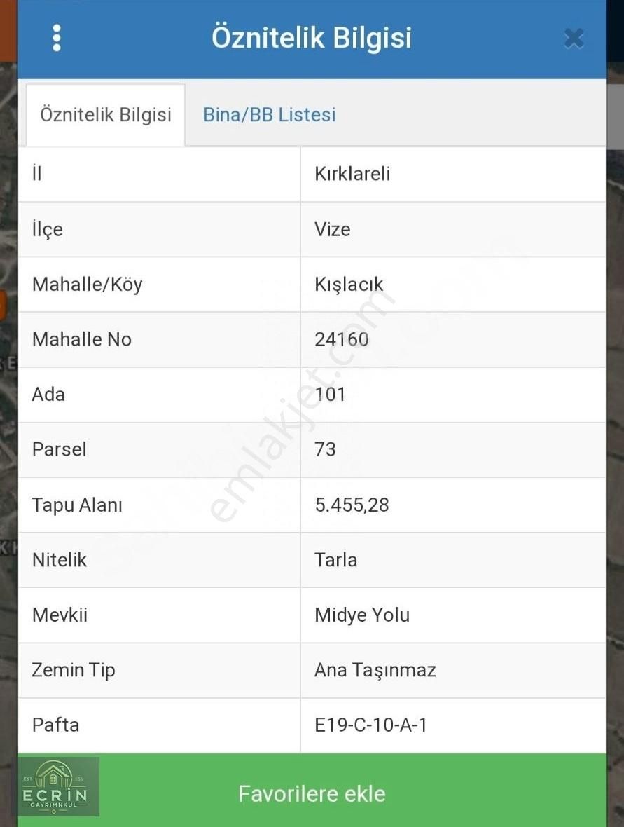 Vize Kışlacık Köyünde Satılık Tarla