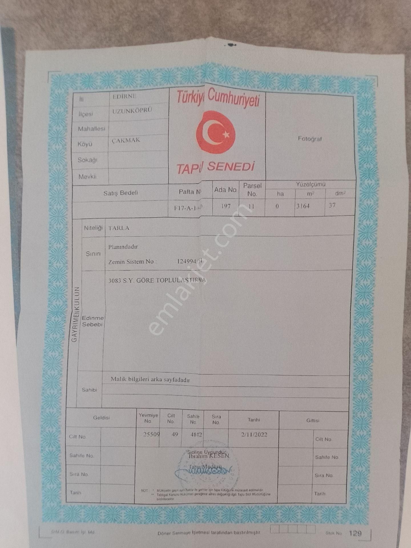 Edirne Uzunköprü Çakmak Köyünde Satılık Tarla