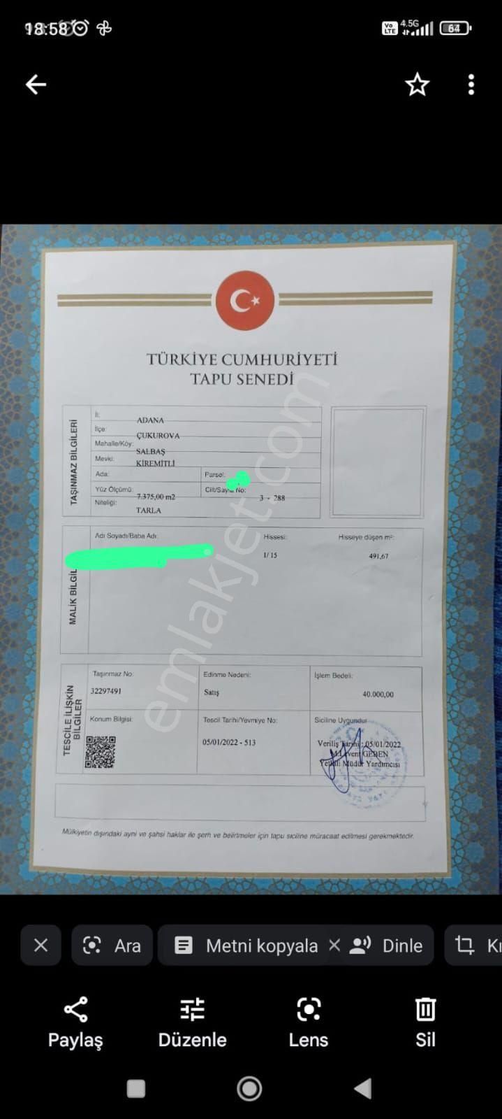 491 Met Tarla 1 Dönüm Hicmisil