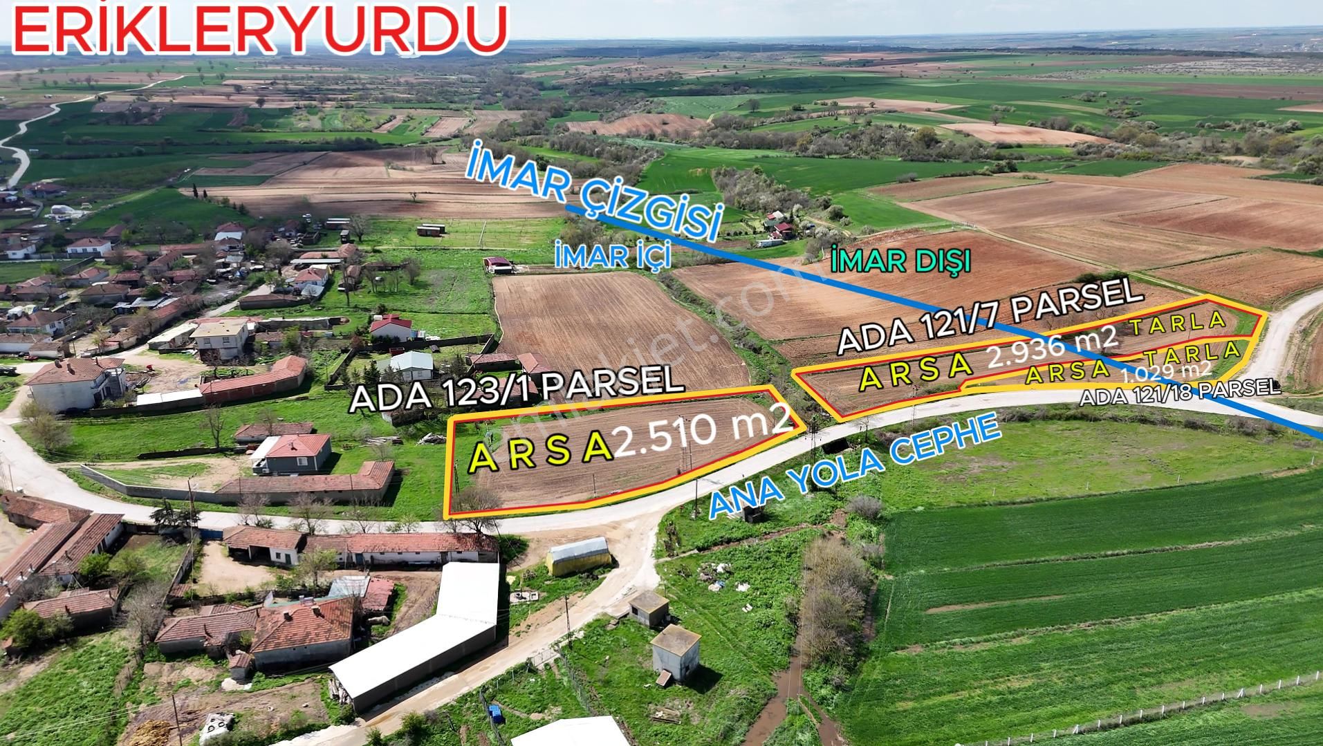 Kırklareli Babaeski Erikleryurdu'nda İmarlı Toplam 6.475 M² Üç Parça Arsa Acil Satılık