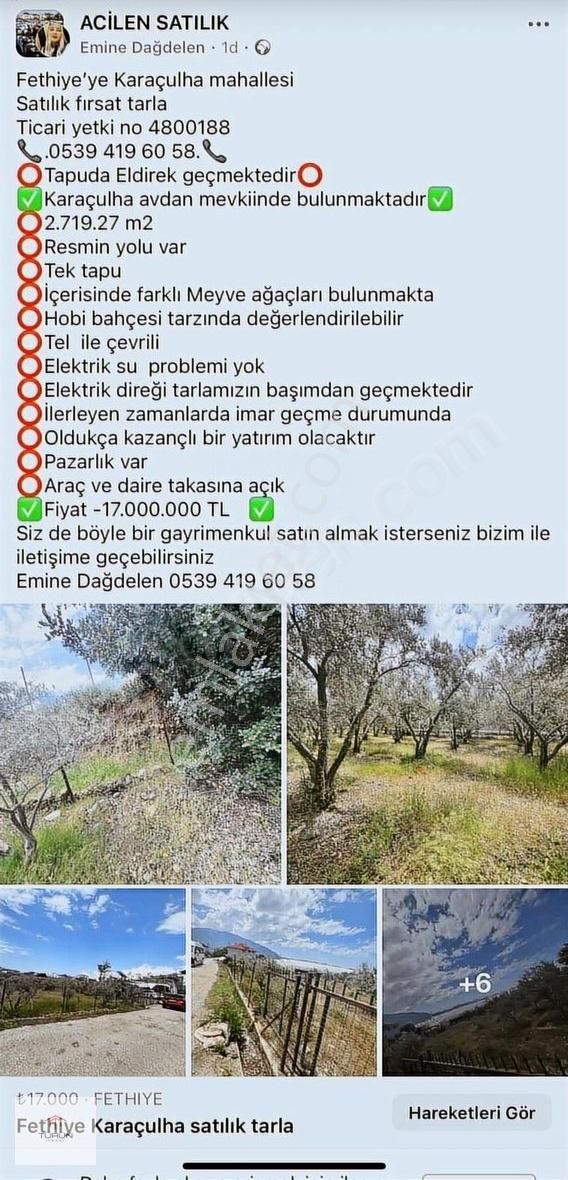 Fethiye'nin Eldirek Mahallesi'nde Satılık Tarla