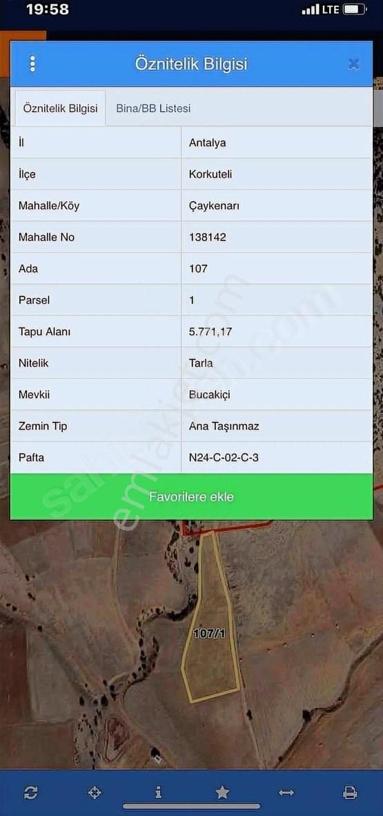Korkuteli Caykenarı 5771 Mt Kadostura Olan Tarla Satılık