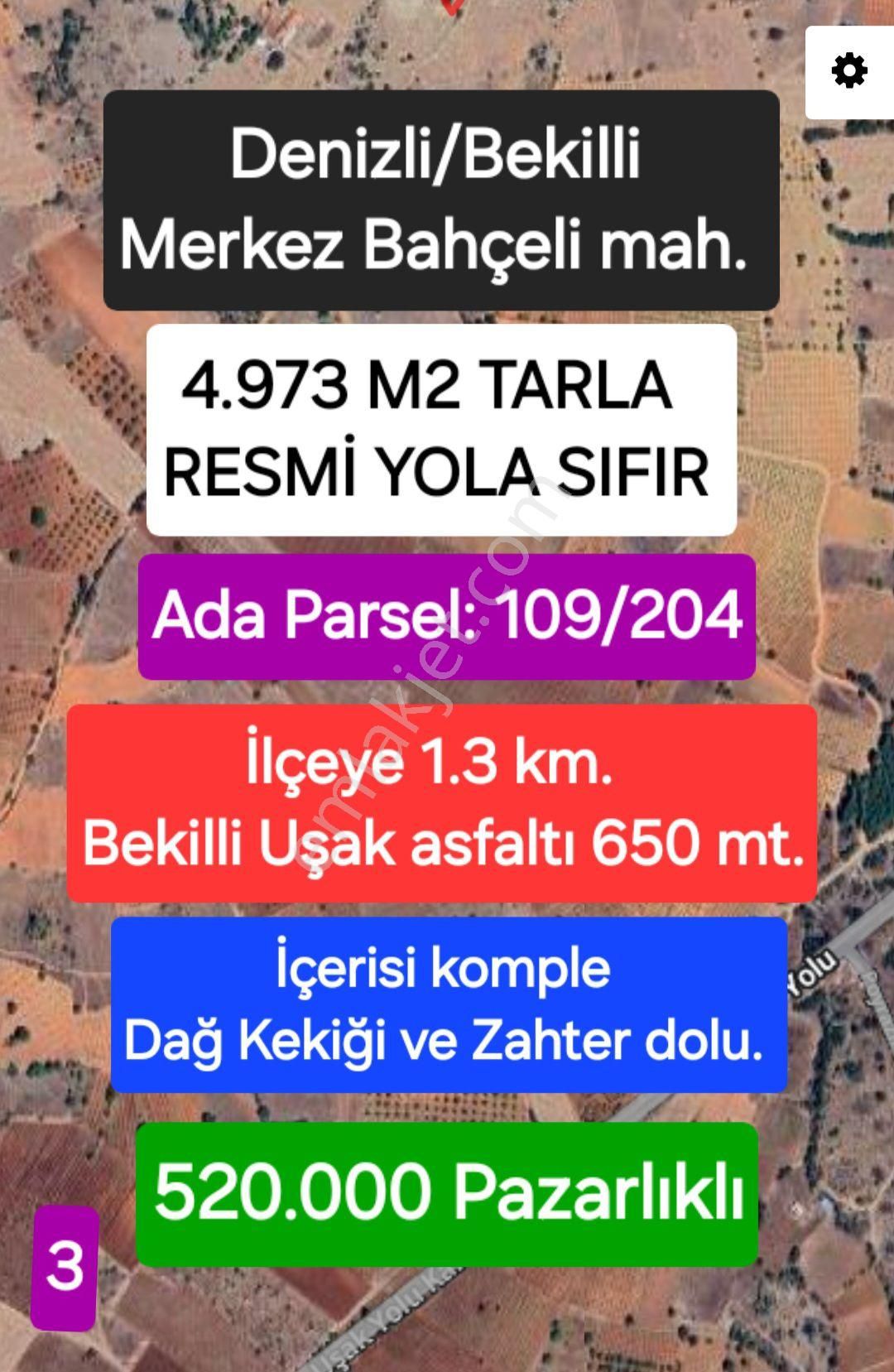 Erkuş'tan Bekilli Merkez Bahçeli Mah. 4.973 M2 Fırsat Tarla. Resmi Yola Sıfır Asfalta 650