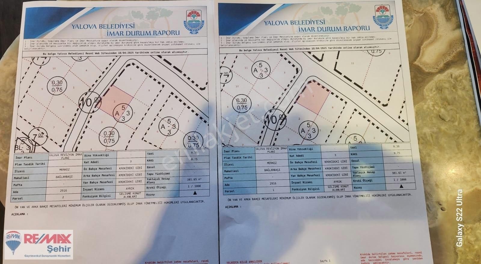 Remax Şehir'den Yalova Bağlarbaşında Satılık 2 Parsel 762 M²arsa
