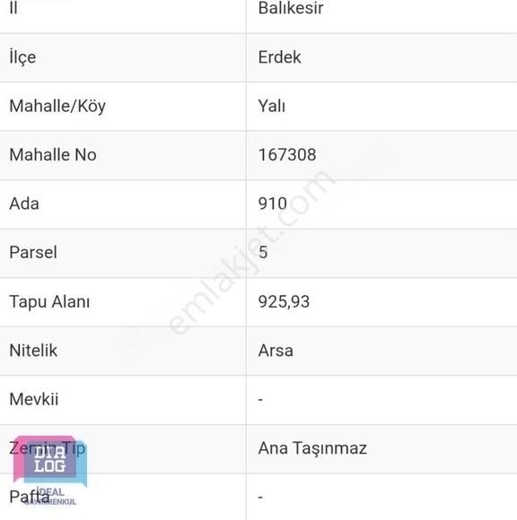 İdeal'den Yalı Mah.'de Satılık Villa İmarlı 926 M2 Arsa