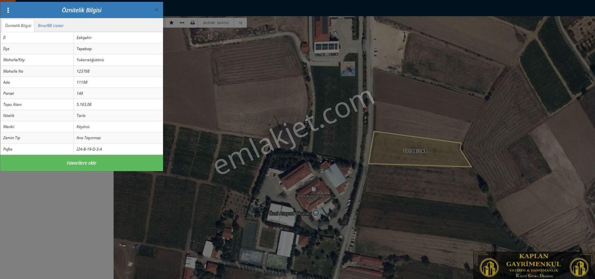 Kaplan Gyd’den Tepebaşı Yukarısöğütönü Mah Atayurt Koleji Karşısında 5163m² Satılık Yatırımlık Tarla