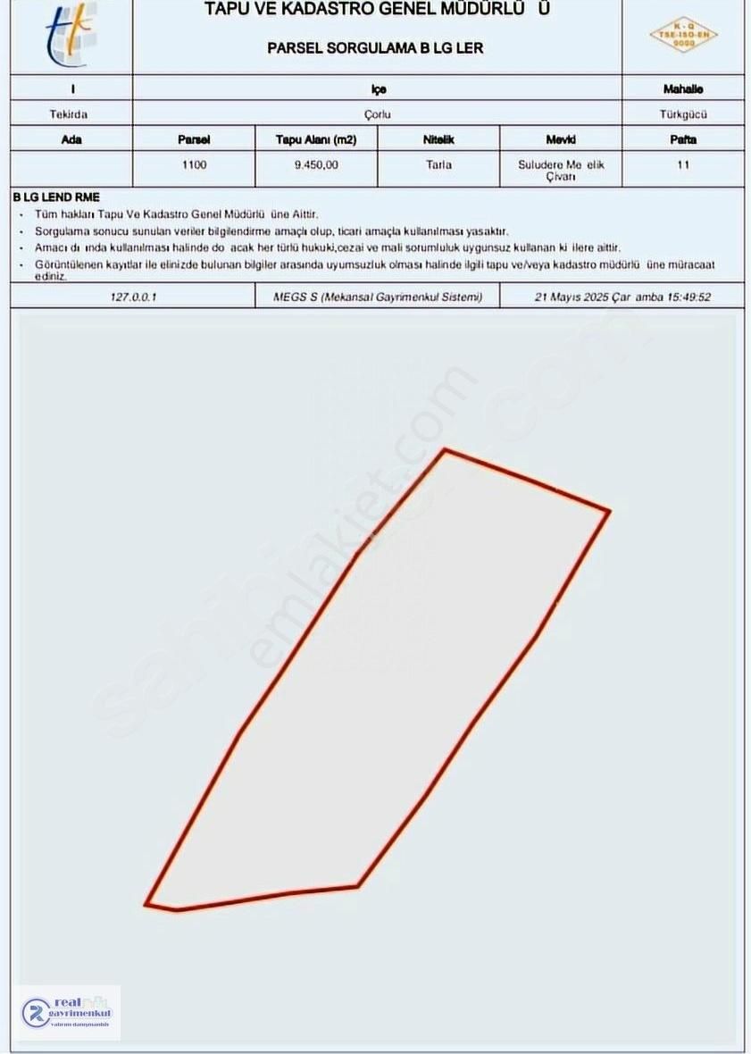 Tekirdağ Çorlu Türkgücü Mahallesi Yatırıma Uygun Fırsat Arazi