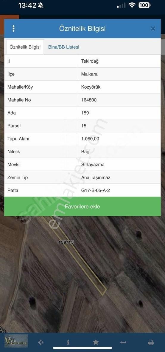 Tekirdağ Malkara Kozyörük Satılık Tek Tapu 1.80m2 Bağ Yeri
