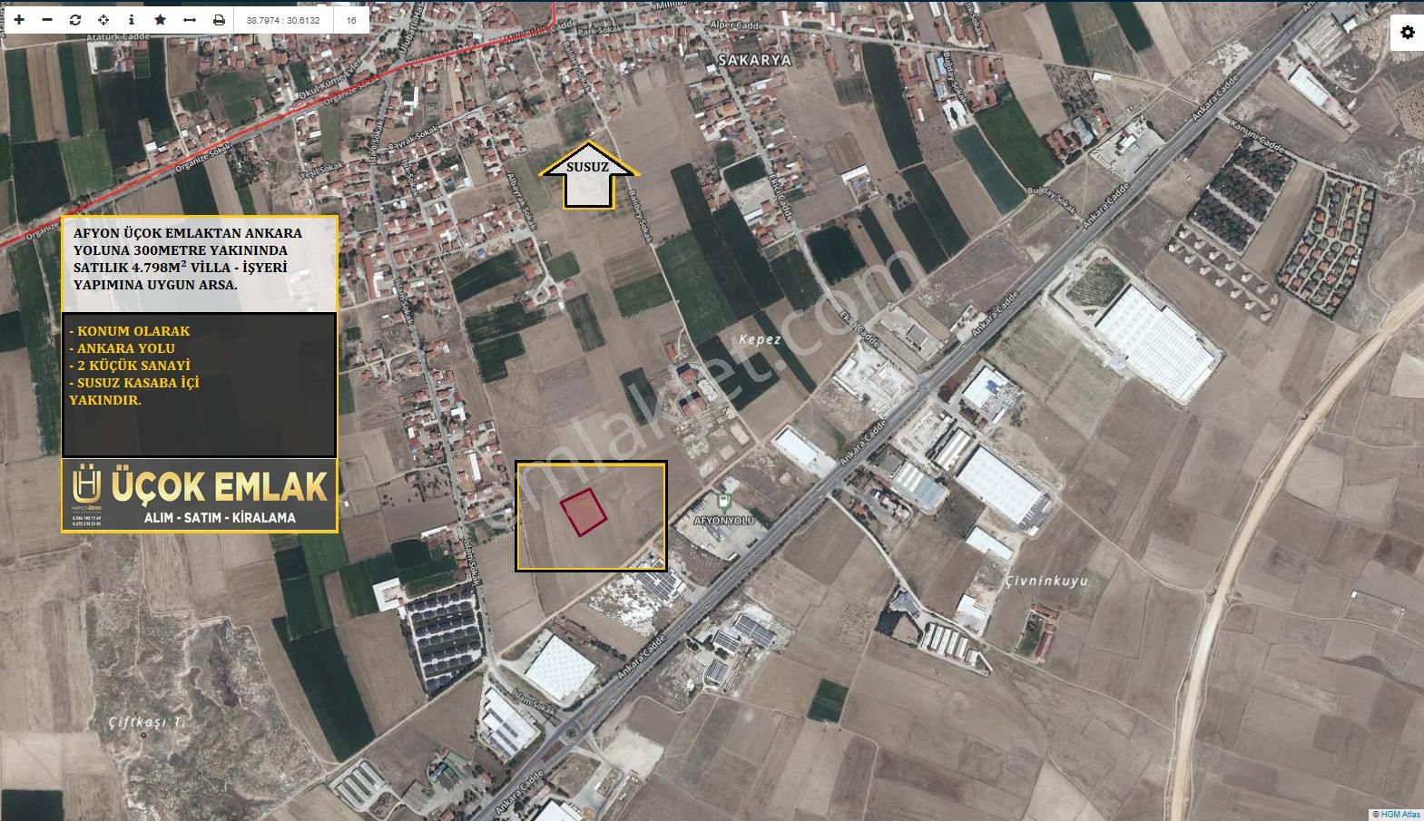 Afyon Üçok Emlaktan Susuz Girişi Satılık 4.798m² Fırsat Arsa