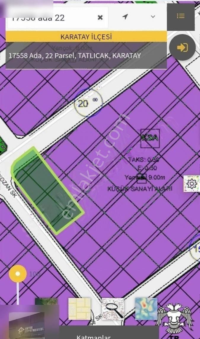 Mezbaha(fetih) Köşe Parsel Satılık Sanayi Arsası 2033 M2