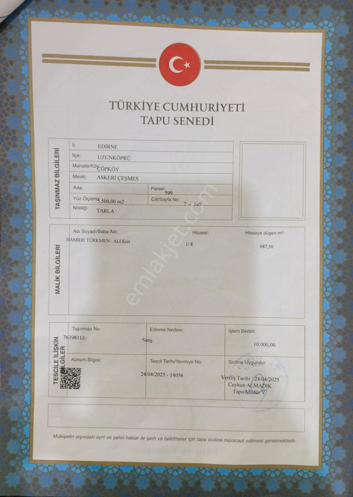 Uzunköprü De Elden Senet 36 Ay Vade 5.750tl Aylık Ödeme İle Arsa