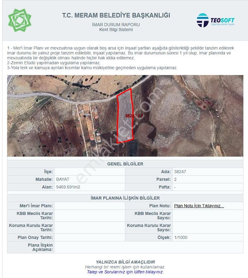 İkoniyum'dan Meram/ Bayat'a 1183 M² Yola Sıfır Arazi