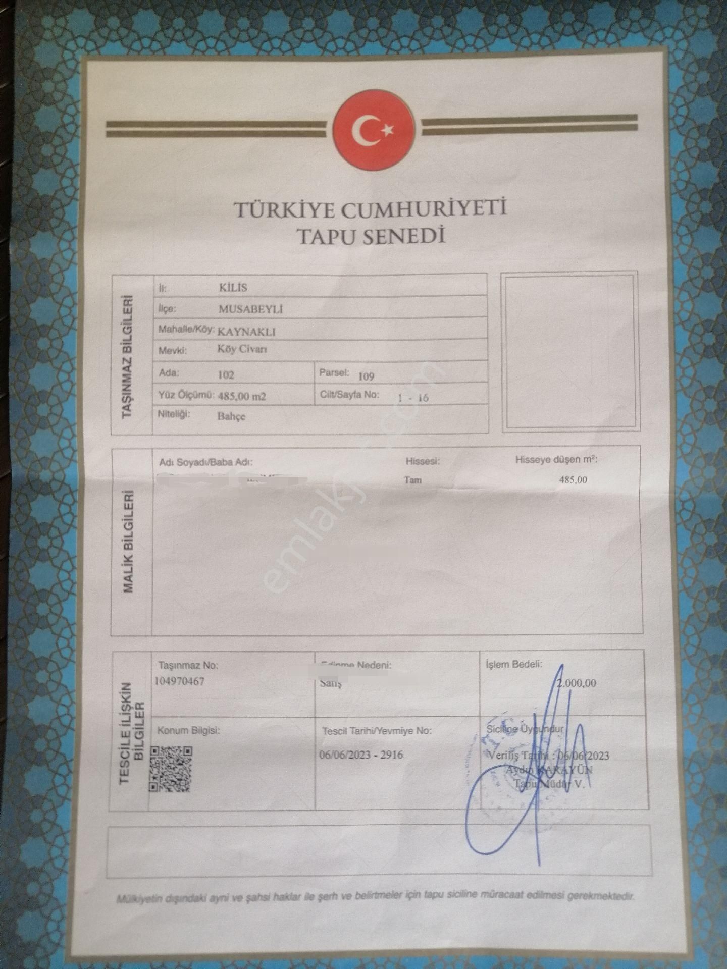 Tek Tapulu, Yatırımlık Arazi