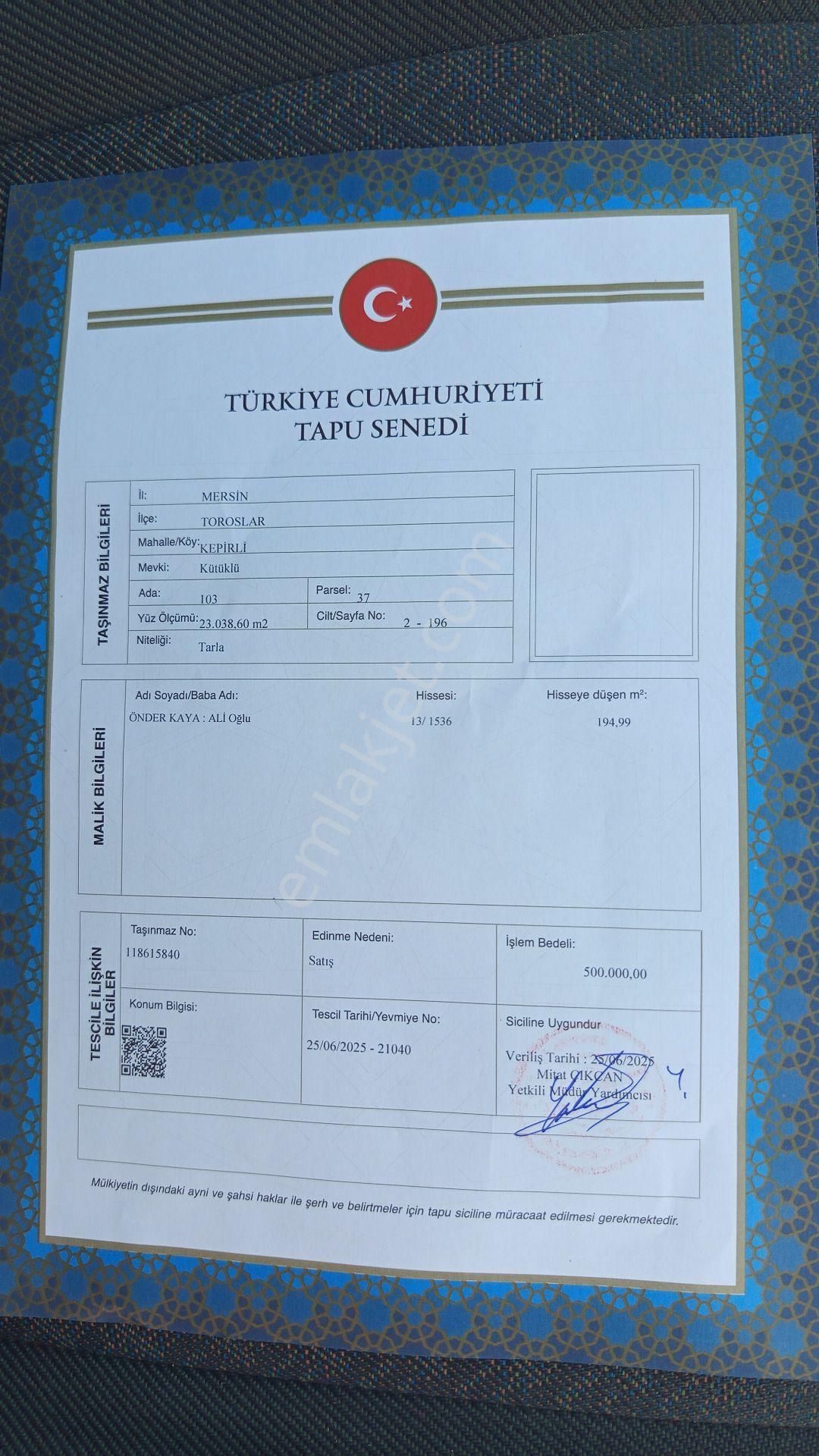 Toroslar Kepirlide Satılık Hisseli Arsa