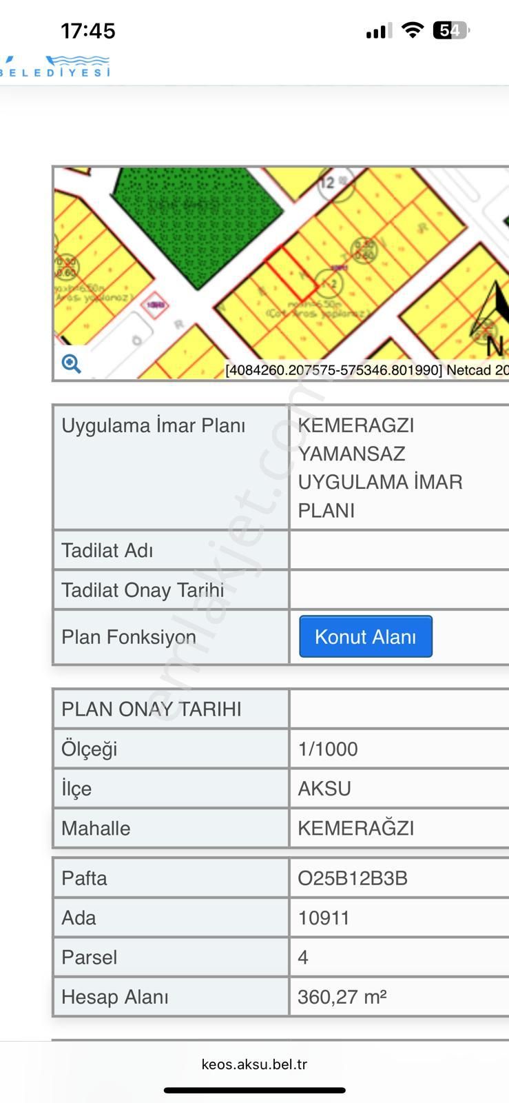 Aksu Kemerağzı 360 M2 Villa Arsası