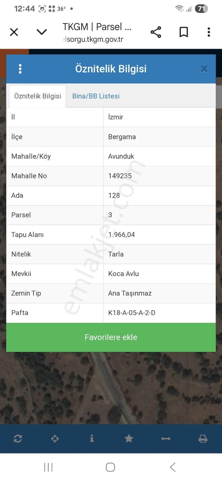 Satılık İzmir Bergama Avunduk Köyü Yola Bitişik Tarla