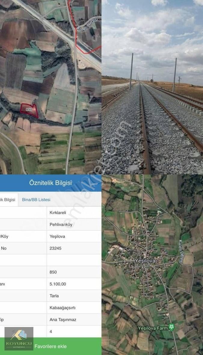 Pehlivanköy Yeşilova Köyü Hızlı Trene Yakın 5100m2 Müstakil Tapu