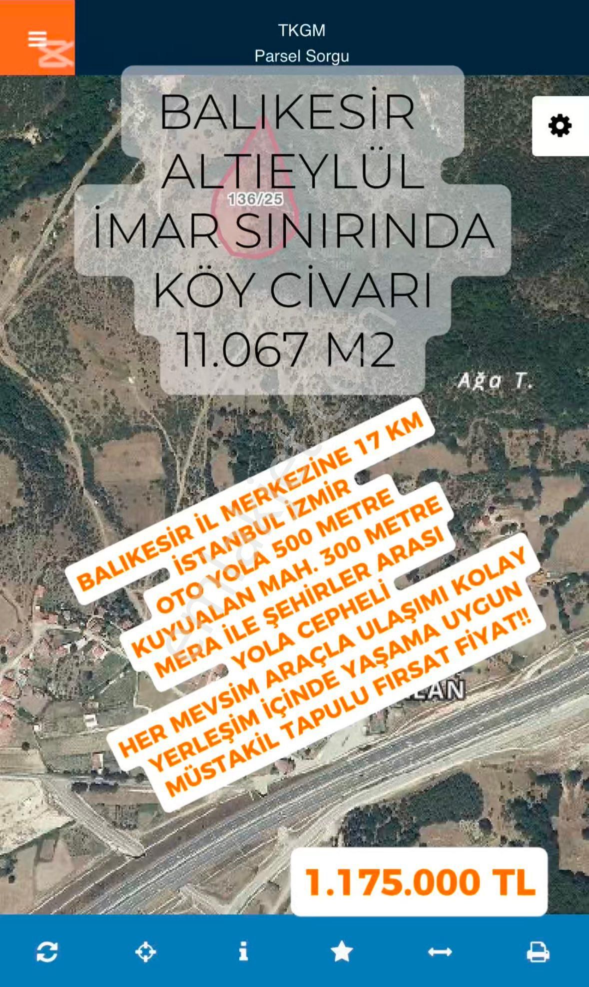 Balıkesir Altıeylül Kuyualanda İmara Sınır Köycivarı 11.067 M2 Fırsat Fiyat!!