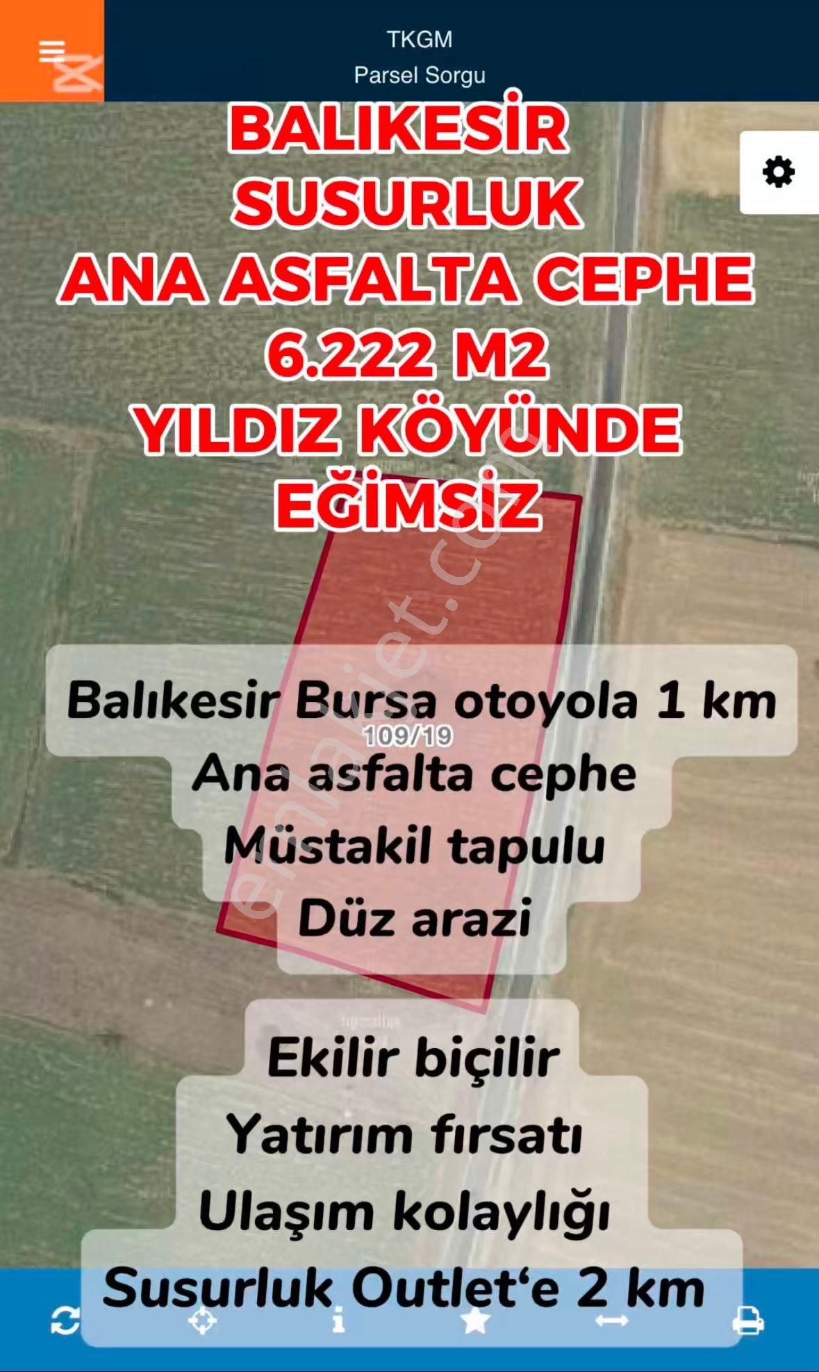 🚀fiyat Düştü!!🚀 Balıkesir Susurluk Yıldız Mahallesi 6.222 M2 Dönüm Sulu Tarım Arazisi