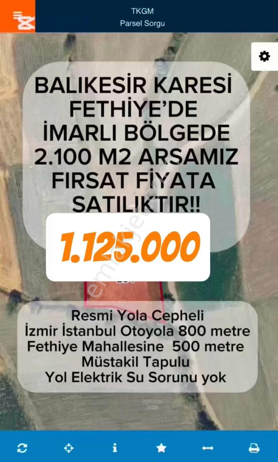 Fiyat Düştü !balıkesir Fethiye 2.100 M2 Resmi Yola Cepheli Müstakil Tapulu Arsa Vasfında Bahçemiz!!