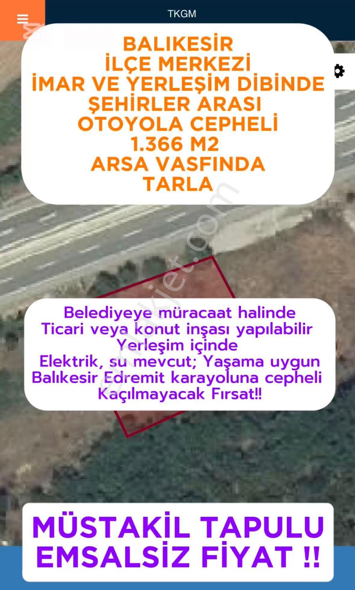 Balıkesir İvrindi Şehirler Arası Otoyola Cepheli Sahil Plajlarına 30 Dk 1.366 M2 Arsa Vasfında Arazi